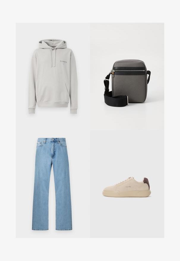 Lysegrå hættejakke lavet af blødt materiale, med en kængurulomme, snøre i hætten og et diskret "ALLSAINTS" logo på brystet.; Lyseblå straight-leg jeans i denim med fem-lomme-design og knaplukning i taljen, vist mod en ensfarvet baggrund.; Beige ruskind sneakers med rund tå, snørret foran og en brun ruskindsdetalje på hælen. Har en tekstureret gummisål.; Grå stof crossbody taske med en sort lynlåslomme, justerbar rem og rektangulær form. Har en glat overflade og metalbeslag.