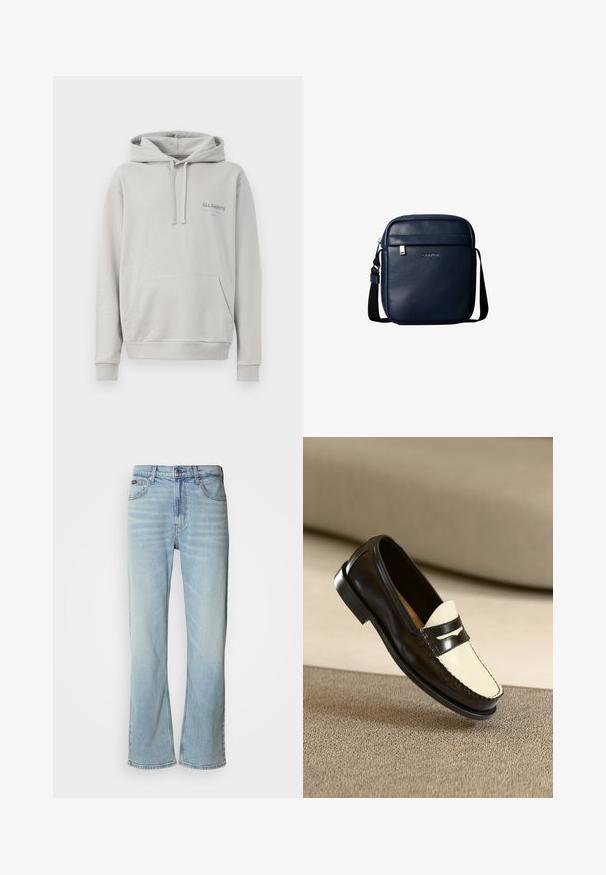Lichtgrijze hoodie gemaakt van zachte stof, met een buidelzak, een capuchon met trekkoord en een subtiele "ALLSAINTS" logo op de borst.; Lichtblauwe denim jeans met een rechte pijp, voorzien van vijf zakken, een knoopsluiting en subtiele vervaging op de stof.; Zwarte leren instapper met een crèmekleurige bovenkant en zwarte accentstrepen, kenmerkend door een lage hak en gedetailleerde stiksels langs de randen.; Donkerblauwe leren crossbodytas met voorvak met rits en zwarte verstelbare schouderband.