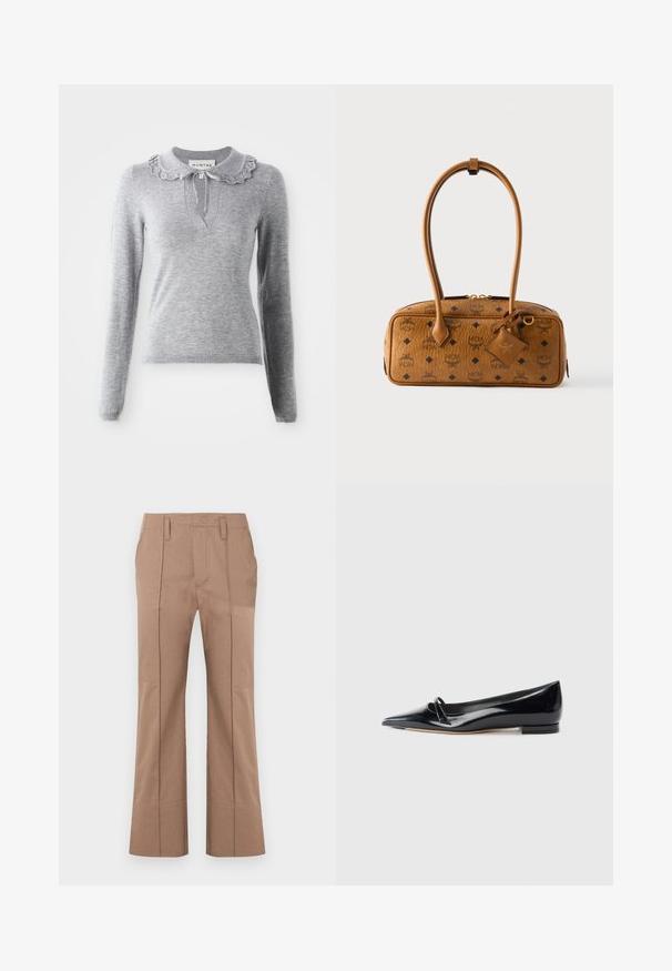 Grå strikket sweater med en flæsekrave, lange ærmer og en V-halsudskæring. Har en snøredetalje ved kraven.; Beige bukser med lige ben, forreste plisseringer, bæltestropper og høj talje, vist på hvid baggrund.; Sorte patentlæder flade sko med spids tå, lille dekorativ rem og lav blokhæl. Glat tekstur og strømlinet design.; Brun læderhåndtaske med en struktureret form, der har lynlås, sorte diamantmønstre og to håndtag. Inkluderer en lille aftagelig mærkat.