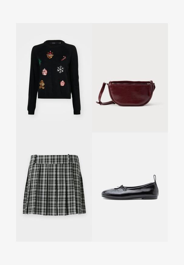 Sort sweater med rund hals, prydet med paillettudsmykninger af julesymboler: et træ, julekugler, ingefærbrød og snefnug.; Sort-hvidt ternet plisseret nederdel med en glat talje og flere lodrette folder. Fremstillet af let stof.; Sorte patenterede læder ballet flats med rund tå, lille sløjfedetalje og glat tekstur; har en lav flad sål og en træksløjfe ved hælen.; Vinrød læderhåndtaske med halvmåneform, lynlås og aftagelig rem. Glat tekstur med en subtil glans.