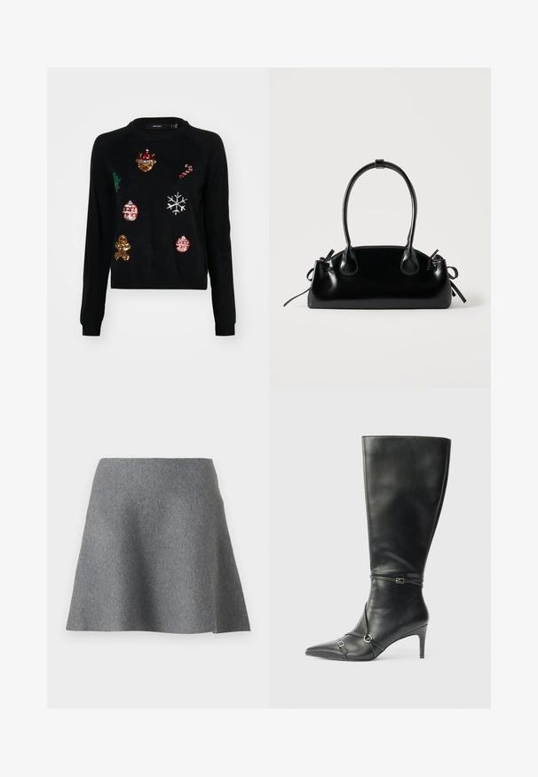 Pull noir à col rond, orné de sequins représentant des icônes de Noël : un arbre, des décorations, un bonhomme en pain d'épice et des flocons de neige.; Jupe évasée grise en tissu texturé et doux. Elle présente un design simple avec une taille haute et une finition lisse.; Bottes noires en cuir montant jusqu'au genou, avec un talon fin, un bout pointu et des détails de lanière à la cheville. Texture lisse et design ajusté.; Petit sac à main noir brillant avec deux longues anses et des détails à cordon sur les côtés sur un fond clair uni.