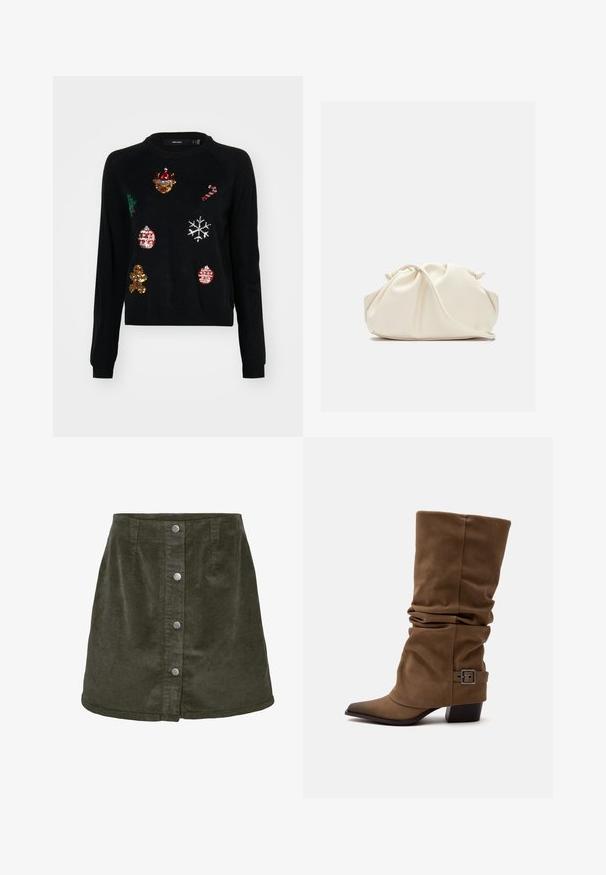 Sort sweater med rund hals, prydet med paillettudsmykninger af julesymboler: et træ, julekugler, ingefærbrød og snefnug.; Kort mørkegrøn corduroy nederdel med a-linjeform, der har fem sølvfarvede knaplukninger foran og lodret ribbet tekstur.; Brun slacky mid-kalv støvle med spids tå, lav blokhæl og dekorativ spænde rem nær anklen på en ensfarvet hvid baggrund.; Blød, cremefarvet læder clutch taske med samlet, rynket design og en tynd skulderrem, der hviler foran på en ensfarvet baggrund.