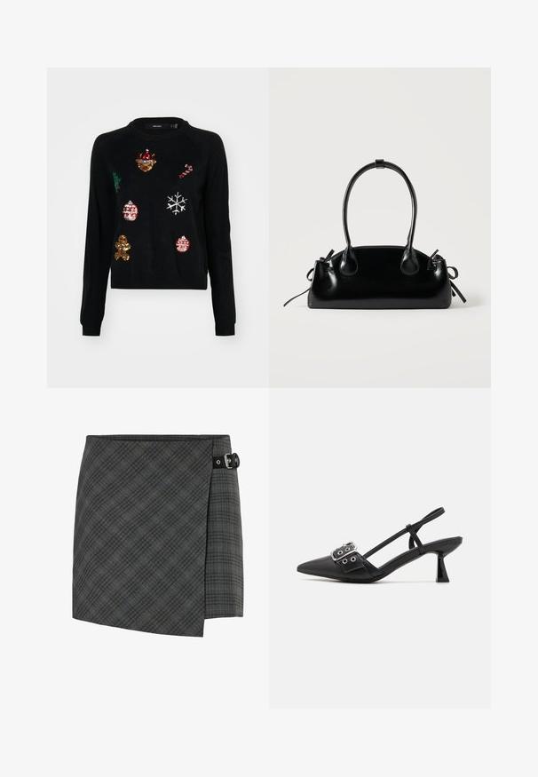 Suéter negro con cuello redondo, adornado con lentejuelas de iconos navideños: un árbol, adornos, pan de jengibre y copos de nieve.; Falda de lana a cuadros gris oscuro con detalle de hebilla negra en el lado derecho, dobladillo recto y un sutil patrón de líneas diagonales.; Simmi London DALA - Tacones - black; Pequeño bolso negro brillante con dos asas largas y detalles de cordón lateral sobre un fondo claro liso.