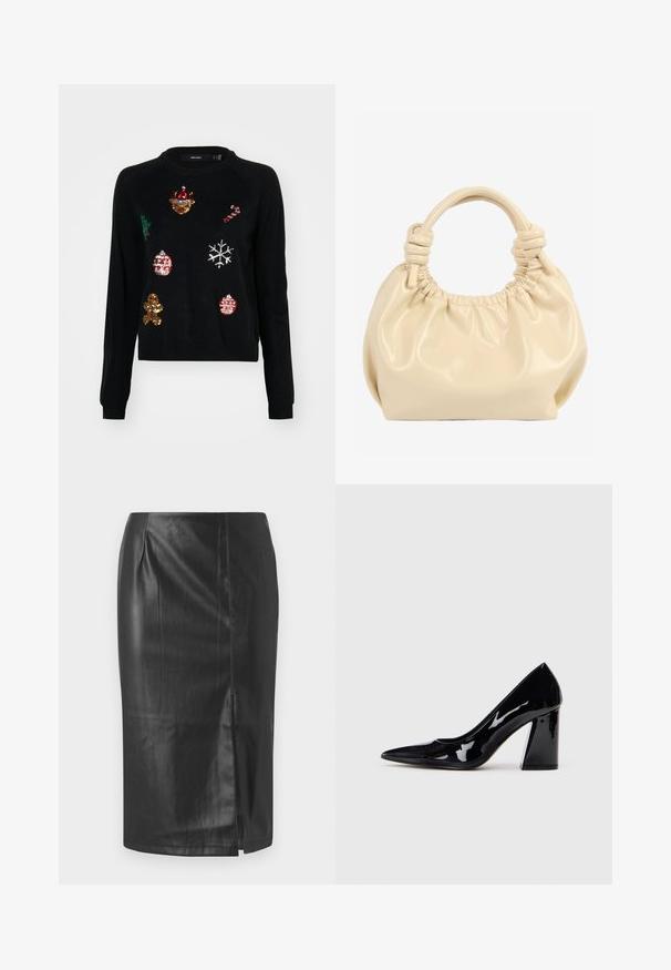 Sort sweater med rund hals, prydet med paillettudsmykninger af julesymboler: et træ, julekugler, ingefærbrød og snefnug.; Sorte læder blyant nederdel med et strømlinet design, der har en sideslids og en glat tekstur, velegnet til formelle eller afslappede anledninger.; Sorte lakerede højhælede sko med spids tå og en kraftig hæl, der har en glat, skinnende overflade og et elegant design.; Kremfarvet blød læderhåndtaske med opsamlet top og sammenknyttede dobbelthåndtag på hvid baggrund.