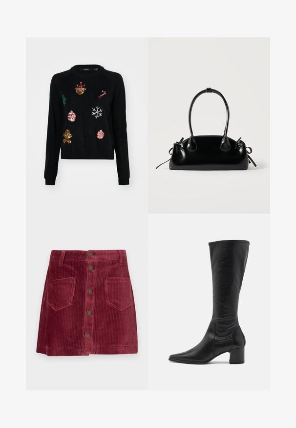 Sort sweater med rund hals, prydet med paillettudsmykninger af julesymboler: et træ, julekugler, ingefærbrød og snefnug.; Lys rød corduroy mini nederdel med frontlukning med knapper, to frontlommer og bæltestropper.; Knæhøj sort læderstøvle med spids tå, minimale sømdetaljer og en chunky firkantet hæl. Glat tekstur med en blank overflade.; Lille sort blank håndtaske med to lange håndtag og snøre-detaljer i siden på en ensfarvet lys baggrund.