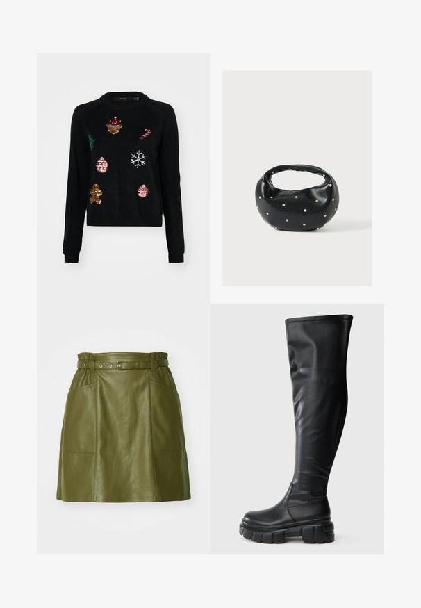 Suéter negro con cuello redondo, adornado con lentejuelas de iconos navideños: un árbol, adornos, pan de jengibre y copos de nieve.; Falda de cuero verde oliva con cintura ceñida, que presenta dos bolsillos frontales y una textura suave. Silueta en A con un diseño moderno.; Botas negras hasta la rodilla hechas de suave cuero sintético. Suela de plataforma de goma gruesa y robusta con punta redondeada y diseño de puesta fácil.; Bolso de mano de cuero negro con forma redondeada, decorado con detalles de tachuelas plateadas y un asa corta. Textura lisa y cierre con cremallera.