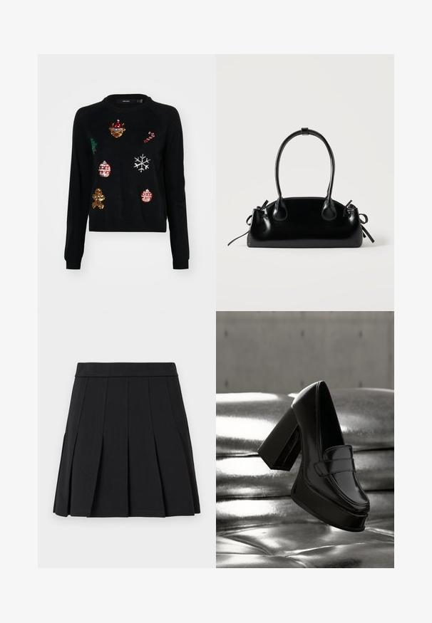 Suéter negro con cuello redondo, adornado con lentejuelas de iconos navideños: un árbol, adornos, pan de jengibre y copos de nieve.; Falda negra plisada hecha de un material liso. Cuenta con una cinturilla ancha y múltiples pliegues tipo cuchillo que se extienden verticalmente.; Mocasín con plataforma de charol negro con tacón cuadrado grueso flotando sobre una superficie acolchada metálica brillante.; Pequeño bolso negro brillante con dos asas largas y detalles de cordón lateral sobre un fondo claro liso.