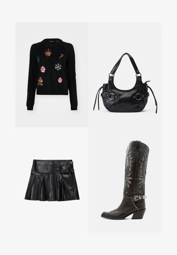 Pull noir à col rond, orné de sequins représentant des icônes de Noël : un arbre, des décorations, un bonhomme en pain d'épice et des flocons de neige.; Jupe en cuir noir avec des plis, taille large et deux accents à boucle sur le côté. Texture lisse avec une finition brillante.; Botte de cowboy en cuir noir avec découpes décoratives, boucle argentée et talon incliné, présentée sur fond blanc.; Sac à main en cuir noir de forme arrondie, avec deux boucles sur les côtés, texture lisse et une courte bandoulière. Détails supplémentaires avec des pompons latéraux.