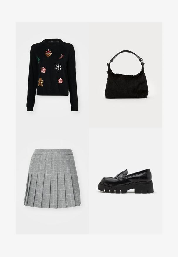 Suéter negro con cuello redondo, adornado con lentejuelas de iconos navideños: un árbol, adornos, pan de jengibre y copos de nieve.; Falda plisada en tela gris con un patrón de cuadros. Presenta una pretina ajustada y múltiples pliegues verticales para un aspecto estructurado.; Mocasines de cuero negro con una suela de plataforma gruesa y texturizada, y una correa decorativa en la parte superior. Acabado liso y brillante.; Bolso de mano de piel sintética negra con una textura suave, forma redondeada y una resistente correa de cuero negro para el hombro. Acentos de herrajes plateados visibles.