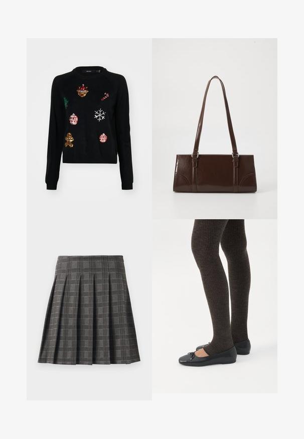 Pull noir à col rond, orné de sequins représentant des icônes de Noël : un arbre, des décorations, un bonhomme en pain d'épice et des flocons de neige.; Jupe plissée à motif écossais gris, fabriquée à partir d'un tissu texturé. Elle présente des plis verticaux et un ourlet droit.; Jambes portant des leggings côtelés foncés associés à des ballerines noires avec de petits détails en nœud sur fond blanc.; Sac à main en cuir verni marron de forme rectangulaire, avec deux longues poignées et des accents courbés subtils à l'avant.
