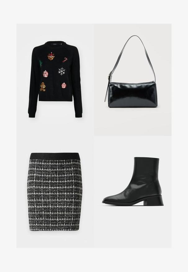 Sort sweater med rund hals, prydet med paillettudsmykninger af julesymboler: et træ, julekugler, ingefærbrød og snefnug.; Sort-hvid ternet nederdel med et tekstureret stof, der har en sort talje og en tætsiddende silhuet.; Sort ankelstøvle lavet af blank læder, med et strømlinet design, spids tå og en moderat blokhælhøjde for stabilitet.; Sort rektangulær skuldertaske med en enkelt justerbar rem og lynlås i toppen på en ensfarvet baggrund.