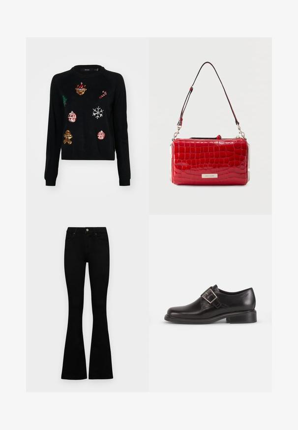 Sort sweater med rund hals, prydet med paillettudsmykninger af julesymboler: et træ, julekugler, ingefærbrød og snefnug.; Sorte højtaljede jeans med knap- og lynlåslukning, forlommer og flagrende ben, lagt fladt på en hvid baggrund.; Sorte læder herresko med rund tå, detaljer med sidelukning, og en struktureret sål, sat mod en simpel hvid baggrund.; Rød blank krokodillepræget læderhåndtaske med aftagelig sort rem og sølvmetalnavneskilt, rektangulær form.