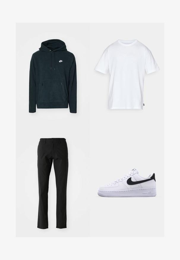 Sort fleece hættetrøje med en front kangaroo lomme og to lynlåslommer i siderne. Indeholder en hætte med snoretræk og et hvidt Nike-logo.; Hvid bomulds T-shirt med korte ærmer og rund hals. Har et lille, diskret Nike-logo på brystet og et sidelabel.; Sorte bukser lavet af letvægtsstof, med lige ben-design, frontlukning med knap og sidelommer. Glat tekstur.; Hvide lædersneakers med en struktureret sort Swoosh, flade snørebånd og en gummisål med et rillemønster. "AIR" er præget på hælen.