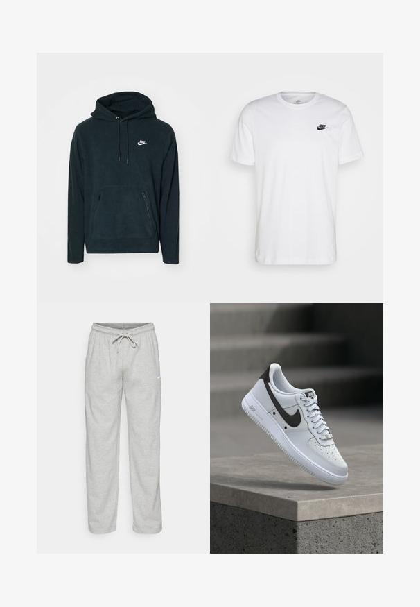 Sort fleece hættetrøje med en front kangaroo lomme og to lynlåslommer i siderne. Indeholder en hætte med snoretræk og et hvidt Nike-logo.; Hvid bomulds T-shirt med rund hals, korte ærmer og et sort Nike-logo på venstre bryst. Enkel, ensfarvet design.; Lys grå sweatpants lavet af blødt stof. Har en elastisk talje med snøre og Nike-logo i sort på venstre lår.; Hvid Nike Air Force 1 sneaker med sort swoosh-logo, svævende over en betonforkant med slørede trapper i baggrunden.