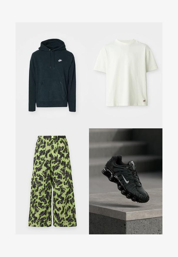 Schwarzer Fleece-Hoodie mit einer vorderen Kängurutasche und zwei seitlichen Reißverschlusstaschen. Enthält eine Kapuze mit Kordelzug und ein weißes Nike-Logo.; Weißes Baumwoll-T-Shirt mit Rundhalsausschnitt, kurzen Ärmeln und lässiger Passform. Verfügt über ein kleines Logotag an der unteren Seite. Glatte Textur.; Weit geschnittene Cargohosen in Neon-Grün mit schwarzem, abstraktem Tarnmuster, ausgestattet mit mehreren Taschen und einem schwarzen, verstellbaren Gürtel.; Schwarzer und dunkelgrauer Nike-Laufschuh mit weißem Swoosh-Logo, der über einer Betonkante schwebt, im Hintergrund Treppen.