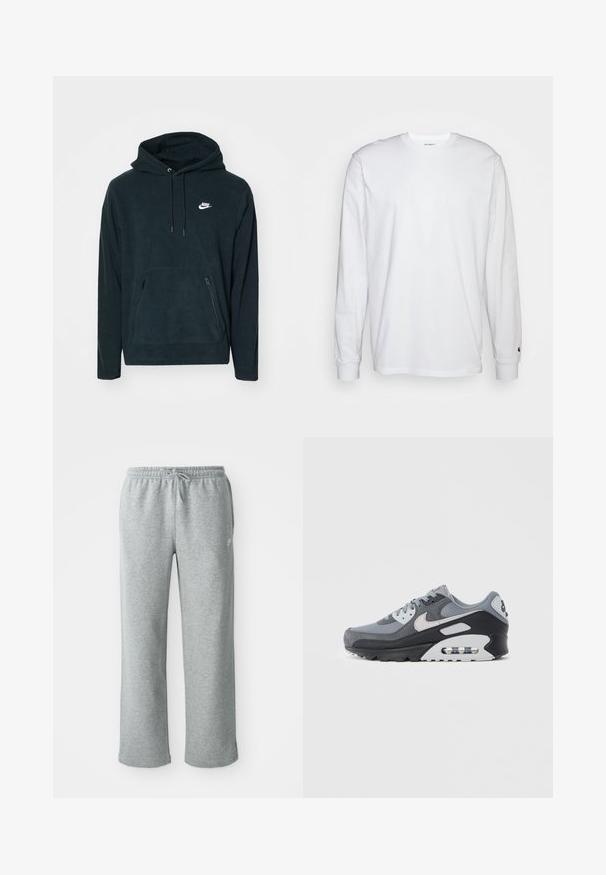Musta fleece huppari, jossa on etupuolella kengurupussitasku ja kaksi vetoketjullista sivutaskua. Mukana on naruolkapäällys ja valkoinen Nike-logo.; Valkoinen pitkähihainen t-paita, joka on valmistettu puuvillasta. Pyöreä kaula-aukko, jossa on resorikujat ja pieni logo vasemmassa hihassa. Tasainen pinta.; Harmaat puuvillaiset verkkarit, joissa on joustava vyötärö, nyörikiinnitys ja suorat lahkeet. Vasemmassa yläkulmassa pieni logo.; Harmaa lenkkitossu, jossa yhdistelmä verkkokangasta ja mokkanahkaa, musta pohja ja näkyvä ilmayksikkö. Huomattavat vaaleanharmaat yksityiskohdat ja nauhat.