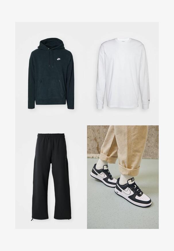 Sort fleece hættetrøje med en front kangaroo lomme og to lynlåslommer i siderne. Indeholder en hætte med snoretræk og et hvidt Nike-logo.; Hvid langærmet T-shirt lavet af bomuld. Rund halsudskæring med ribbede manchetter og et lille logo på venstre ærme. Glat tekstur.; Sorte bukser med brede ben lavet af blødt stof, med elastisk talje og snøre, sidelommer og en glat overflade.; Sorte og hvide Nike Air Force 1 sneakers med læderoverdel, perforeret tå og tekstureret såldetalje, båret med rullede beige bukser og hvide sokker.