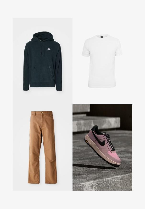 Schwarzer Fleece-Hoodie mit einer vorderen Kängurutasche und zwei seitlichen Reißverschlusstaschen. Enthält eine Kapuze mit Kordelzug und ein weißes Nike-Logo.; Weißes T-Shirt mit kurzen Ärmeln, aus Baumwolle, mit Rundhalsausschnitt und glatter Textur, entworfen für lässige Kleidung.; Braune gerade geschnittene Hosen mit Gürtelschlaufen, Vordertaschen, Knopfverschluss und Reißverschluss vor einem weißen Hintergrund.; Rosa-schwarzer Nike Air Sneaker mit schwarzem Swoosh und beiger Sohle, schwebt über Betontreppen mit grauer, strukturierter Oberfläche.