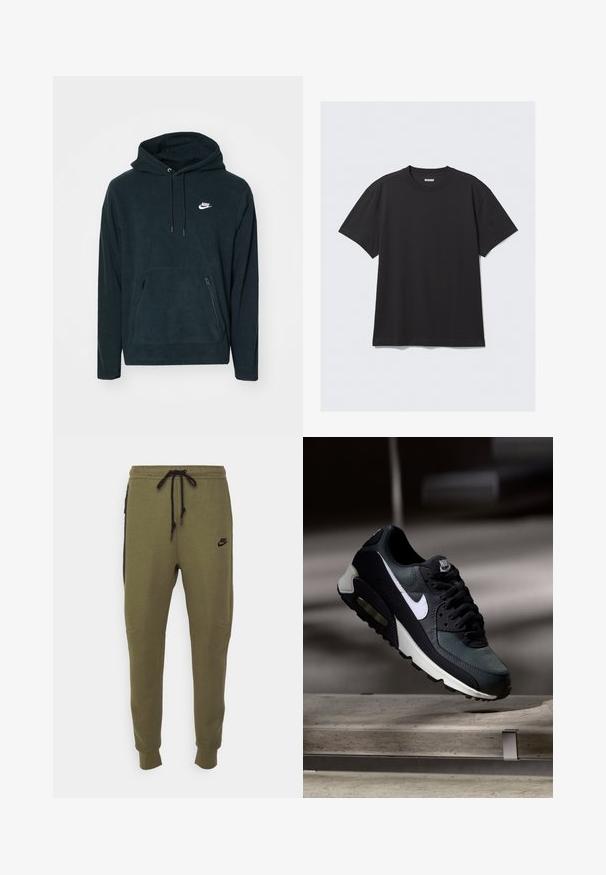 Sort fleece hættetrøje med en front kangaroo lomme og to lynlåslommer i siderne. Indeholder en hætte med snoretræk og et hvidt Nike-logo.; Sort kortærmet t-shirt lavet af bomuld. Har en rund halsudskæring og en afslappet pasform. Enkel design uden synlige mønstre eller accenter.; Oliven grønne Nike sweatpants med sorte sidelapper, elastisk talje og snorelukning. Har syede detaljer og logo.; Sort og grå Nike Air Max sneaker med hvid swoosh, ophængt over en betongulv mod en sløret mørk baggrund.