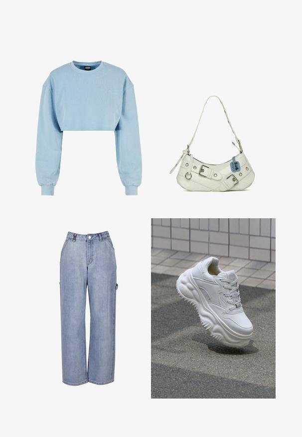 Sudadera cortada de color azul claro, hecha de una tela suave, con mangas largas y un detalle de flor bordado en el pecho.; Vaqueros de mezclilla azul claro con corte relajado y pierna ancha, bolsillos laterales, trabillas para cinturón y bragueta de botones, mostrados sobre un fondo blanco liso.; Zapatilla blanca de cuero con suela gruesa, detalles texturizados y cierre con cordones. Presenta acentos moldeados y un acabado suave.; Bolso sintético blanco con silueta curva, correa ajustable, hebilla decorativa, herrajes plateados y una etiqueta azul adjunta.