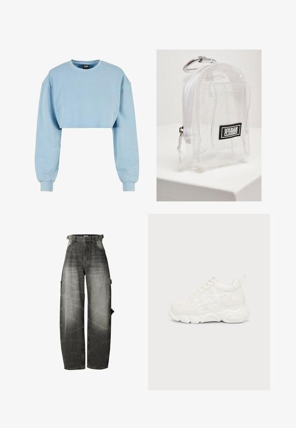 Sudadera cortada de color azul claro, hecha de una tela suave, con mangas largas y un detalle de flor bordado en el pecho.; Vaqueros negros lavados de pierna ancha con cintura alta, bolsillos delanteros y trabillas para cinturón, con un detalle de bolsillo en la pierna derecha.; Zapatilla blanca gruesa con patrones en forma de estrella y suela gruesa texturizada, vista desde el lado exterior sobre un fondo liso.; Mini mochila de PVC transparente con cremallera y correa blanca. Presenta un parche de logo negro y un mosquetón plateado. Forma rectangular compacta.