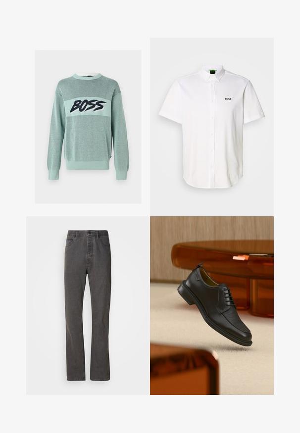 Pull en maille vert clair avec motif en mesh et texte noir audacieux "BOSS" sur la poitrine, avec poignets et ourlet côtelés.; Polo blanc à manches courtes en coton, avec une fermeture à boutons, un col classique et un logo "BOSS" noir sur la poitrine.; Jeans en denim gris avec une coupe droite, dotés de poches avant, d'une fermeture à bouton et d'une texture subtile.; Chaussure habillée noire en cuir à lacets avec devant texturé, flottant au-dessus d'un tapis beige dans une pièce moderne avec des meubles teintés d'ambre.