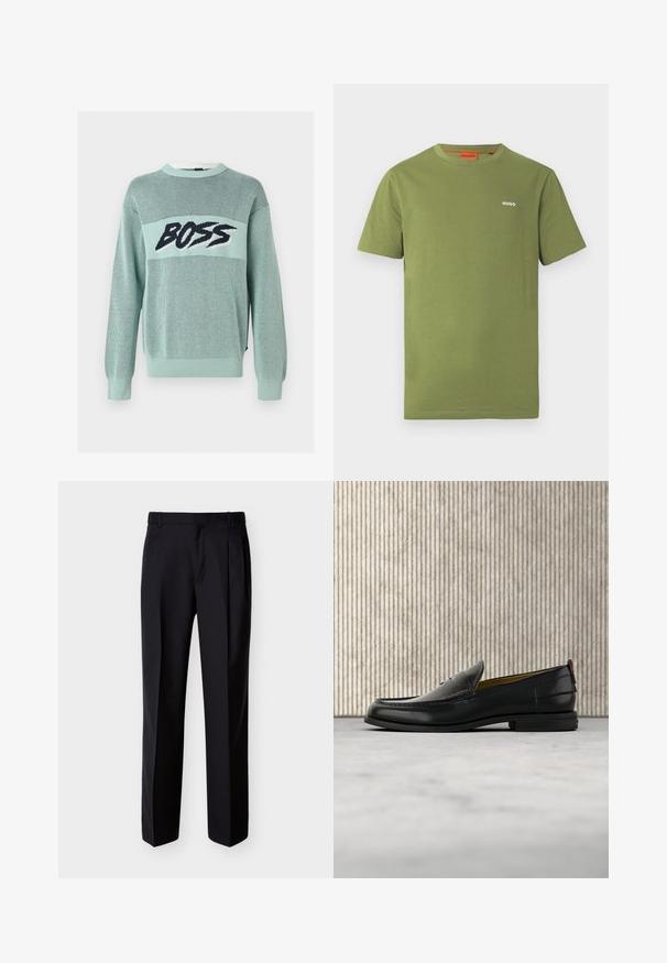 Pull en maille vert clair avec motif en mesh et texte noir audacieux "BOSS" sur la poitrine, avec poignets et ourlet côtelés.; T-shirt en coton vert olive à manches courtes, col rond, logo blanc "HUGO" sur la poitrine, design uni.; Pantalon noir ajusté à coupe droite, avec un devant plissé et des poches latérales. Confectionné dans un tissu lisse et léger à motif uni.; Mocassin pour homme en cuir noir avec un dessus embossé effet croco et un petit talon, présenté de profil sur un fond neutre.