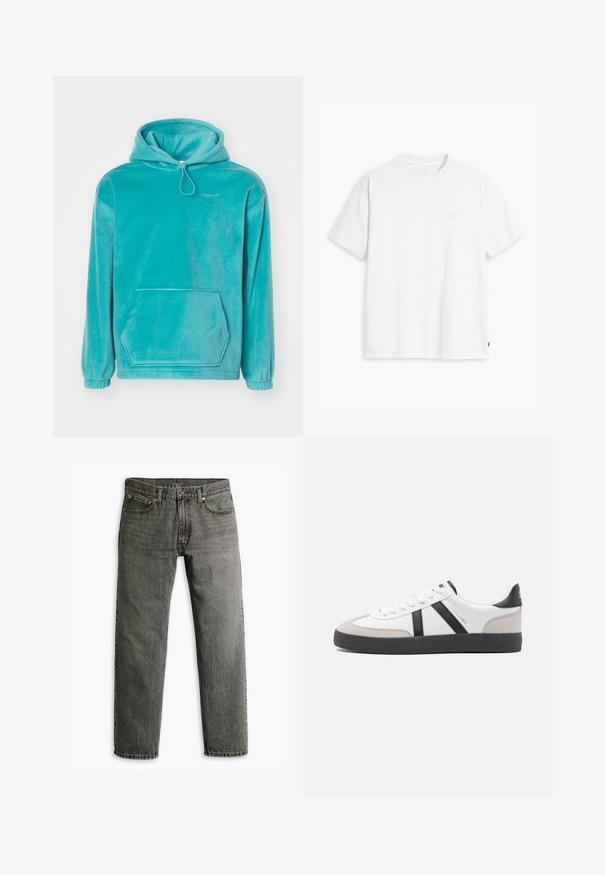Turquoise hoodie met een zachte textuur, frontale kangoeroezak en elastische boorden. Voorzien van een trekkoord bij de halslijn.; Wit katoenen T-shirt met korte mouwen, ronde hals en een subtiel "Levi's" logo in een lichte kleur op de voorkant gedrukt.; Grijze denim jeans met een recht model, klassieke vijf-pocket styling en subtiele stiksels op de naden en zakken.; Witte sneaker met zwarte en grijze accenten, voorzien van een grijze neus met textuur, zwarte rubberen zool en platte witte veters. Schoon ontwerp, minimalistische stijl.