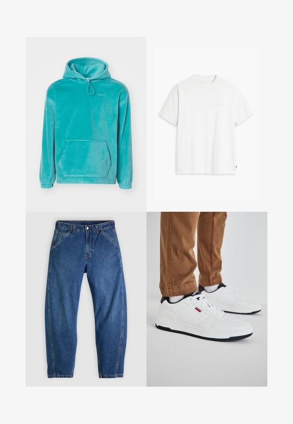 Turkis hætte sweatshirt med en blød tekstur, frontlomme til hænderne og elastiske manchetter. Har en snor i halsen.; Hvid t-shirt i bomuld med korte ærmer, rund halsudskæring og en diskret "Levi's"-logo trykt i lyse farver på forsiden.; Blå denimjeans med afslappet pasform, med knaplukning, fem lommer og kontrasterende orange syninger. Glat tekstur over det hele.; Hvide sneakers lavet af syntetisk læder med perforerede detaljer, sort sål og en kontrasterende sort hælkappe; mærke logo på siden.