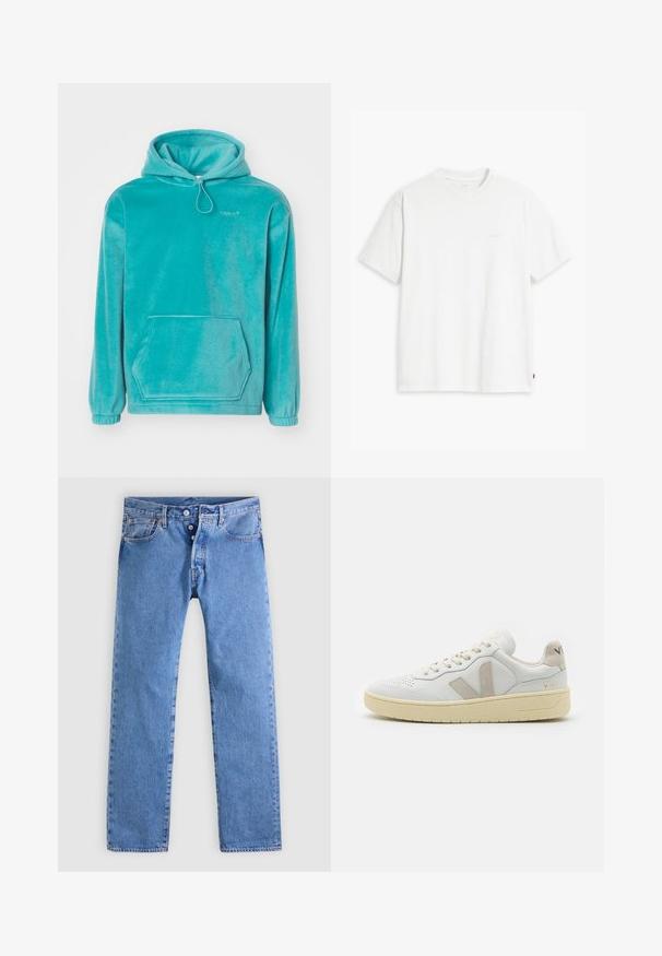 Sudadera con capucha turquesa de textura suave, con un bolsillo tipo canguro en la parte frontal y puños elásticos. Presenta un cordón en el escote.; Camiseta de algodón blanca con mangas cortas, cuello redondo y un sutil logo "Levi's" impreso en color claro en la parte frontal.; Vaqueros de mezclilla azul claro con diseño de pierna recta, cinco bolsillos y cierre de dos botones. Presentan un desvanecimiento mínimo y costuras en contraste.; Zapatilla blanca de cuero con detalles en ante beige, paneles texturizados, cordones planos y suela de goma color crema. Marca "V-90" en el talón.