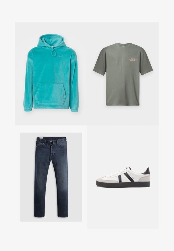 Turquoise hoodie met een zachte textuur, frontale kangoeroezak en elastische boorden. Voorzien van een trekkoord bij de halslijn.; Olijfgroene katoenen t-shirt met korte mouwen en een ronde hals. Heeft een kleine kleurrijke tekstprint op het linkse borstgedeelte.; Donkerblauwe denim jeans met een rechte pijp, voorzien van een rits en metalen knopen, en koperen klinknagels. Gladde textuur, geen zichtbare patronen.; Witte sneaker met zwarte en grijze accenten, voorzien van een grijze neus met textuur, zwarte rubberen zool en platte witte veters. Schoon ontwerp, minimalistische stijl.