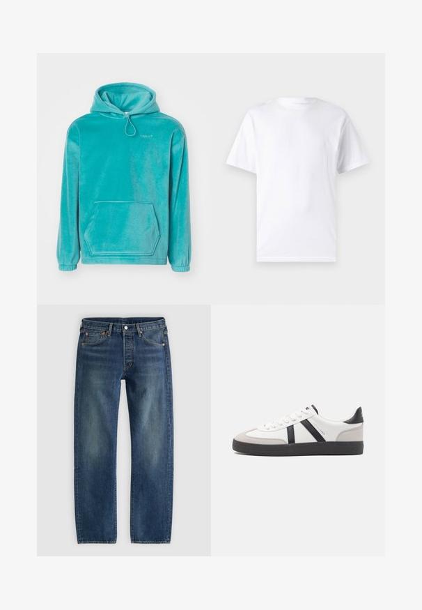 Turquoise hoodie met een zachte textuur, frontale kangoeroezak en elastische boorden. Voorzien van een trekkoord bij de halslijn.; Witte T-shirt met korte mouwen, gemaakt van katoen, met een ronde hals. Het heeft een gladde textuur en een eenvoudig ontwerp zonder patronen of accenten.; Blauwe rechte spijkerbroek met vijf zakken en koperen klinknagels, plat weergegeven op een lichtgrijze achtergrond.; Witte sneaker met zwarte en grijze accenten, voorzien van een grijze neus met textuur, zwarte rubberen zool en platte witte veters. Schoon ontwerp, minimalistische stijl.