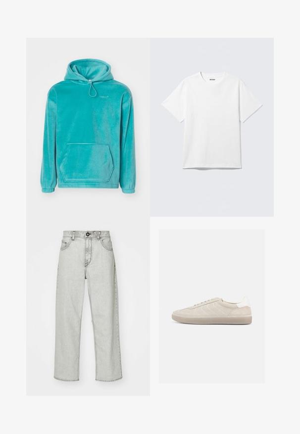 Sudadera con capucha turquesa de textura suave, con un bolsillo tipo canguro en la parte frontal y puños elásticos. Presenta un cordón en el escote.; Camiseta blanca de manga corta con cuello redondo, colocada plana, diseño liso, con etiqueta "WEEKDAY" en el interior del cuello sobre un fondo claro.; Jeans de tiro alto en gris claro con un ajuste relajado, cinco bolsillos, cierre frontal con botón y un sutil patrón texturizado en la tela de mezclilla.; Zapatilla beige de ante con parte superior texturizada, contrafuerte de talón blanco liso, cordones finos y suela de goma. Presenta un diseño de perfil bajo.