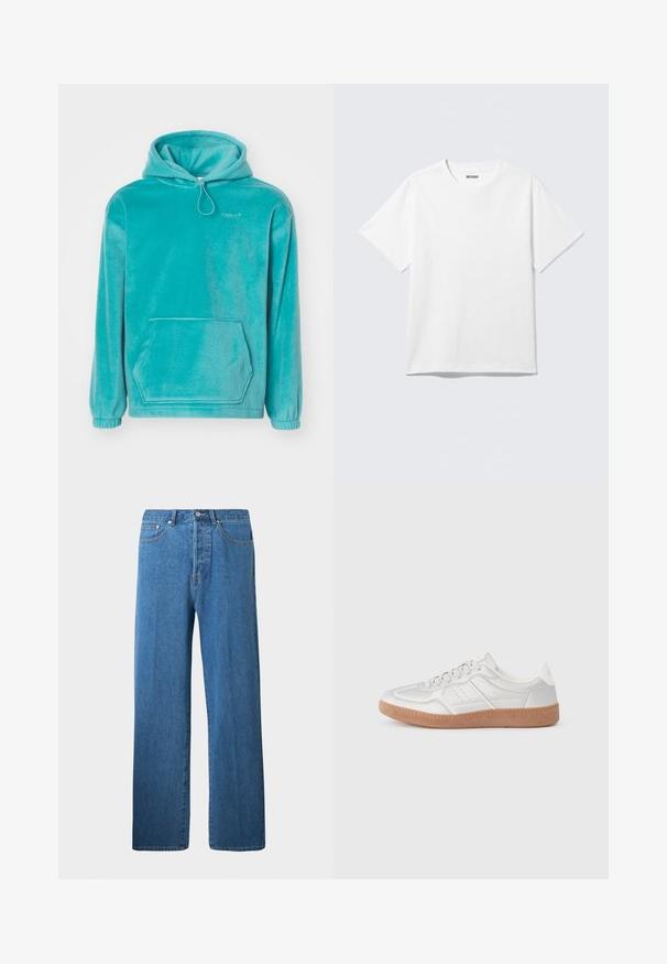 Turkis hætte sweatshirt med en blød tekstur, frontlomme til hænderne og elastiske manchetter. Har en snor i halsen.; Hvid kortærmet crewneck T-shirt lagt fladt ud, ensfarvet design, med "WEEKDAY" mærkat inde i kraven på en lys baggrund.; Lysblå denimjeans med lige ben. Har fem lommer, knaplukning og minimale syninger.; Sølv sneakers med en glat overflade, snørebånd, perforerede detaljer og en struktureret brun gummi sål.