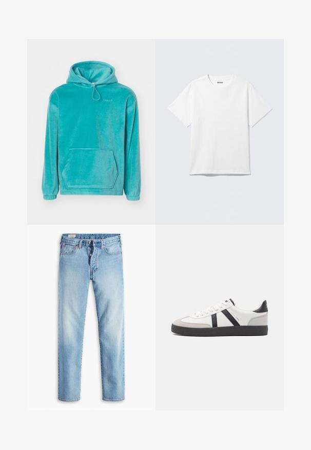 Turkis hætte sweatshirt med en blød tekstur, frontlomme til hænderne og elastiske manchetter. Har en snor i halsen.; Hvid kortærmet crewneck T-shirt lagt fladt ud, ensfarvet design, med "WEEKDAY" mærkat inde i kraven på en lys baggrund.; Lyseblå denimjeans med lige ben, der har fem lommer, bæltestropper og lukning med knapper.; Hvide sneakers med sorte og grå detaljer, med en tekstureret grå tåhætte, sort gummisål og flade hvide snørebånd. Rent design, minimalistisk stil.