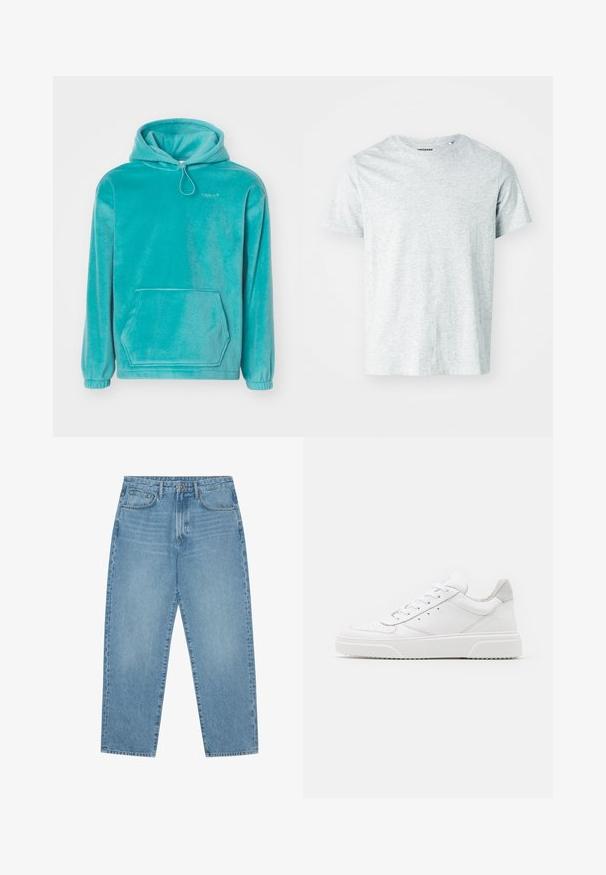 Turkis hætte sweatshirt med en blød tekstur, frontlomme til hænderne og elastiske manchetter. Har en snor i halsen.; Lys grå, kortærmet t-shirt lavet af blødt stof, med en rund hals og en let afslappet pasform. Ingen synlige mønstre eller grafik.; Lyseblå denimjeans med lige ben, fem-lomme design og en let falmet struktur. Indeholder knap- og lynlåslukning.; Hvide lædersneakers med en glat finish, rund tå, flade snørebånd og en struktureret sål. Grå ruskindsdetalje ved hælen.