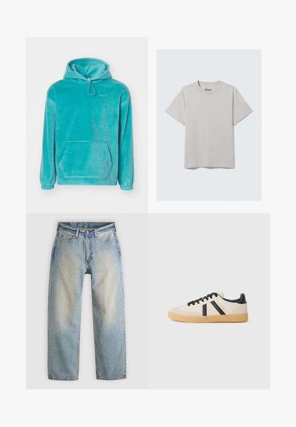 Sudadera con capucha turquesa de textura suave, con un bolsillo tipo canguro en la parte frontal y puños elásticos. Presenta un cordón en el escote.; Camiseta de algodón gris claro con cuello redondo y mangas cortas, que presenta un diseño minimalista y un corte relajado. Sin estampados ni acentos.; Vaqueros de mezclilla azul claro con un corte relajado, lavado medio, piernas rectas, remaches de cobre y diseño clásico de cinco bolsillos.; Zapatillas casuales en crema con rayas negras, con parte superior texturizada y suela de goma. Los cordones son negros. Logo sutil en el costado.