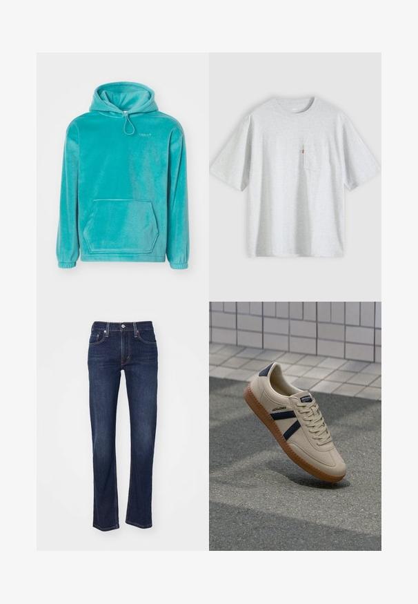 Turkis hætte sweatshirt med en blød tekstur, frontlomme til hænderne og elastiske manchetter. Har en snor i halsen.; Lysegrå T-shirt med korte ærmer, rund hals og en lille brystlomme på venstre side med en rød label.; Mørkeblå denim jeans med lige benudskæring, der har et traditionelt fem-lomme design og syede detaljer ved sømmene.; Beige sneaker med struktureret overflade, marineblå striber og gummisål. Har en polstret tunge og traditionelt snørresystem for en sikker pasform.