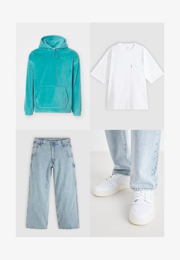 Turquoise hoodie met een zachte textuur, frontale kangoeroezak en elastische boorden. Voorzien van een trekkoord bij de halslijn.; Wit katoenen T-shirt met korte mouwen, ronde hals en een borstzak aan de linkerkant. Heeft een klein rood logotagje op de zak.; Lichtblauwe rechte spijkerbroek met voorzakken, riemlussen, knoopsluiting en een zijdelus voor gereedschap.; Witte leren lage sneakers met geperforeerde neus, platte veters en een minimalistisch ontwerp. Gecombineerd met lichtblauwe denim jeans.