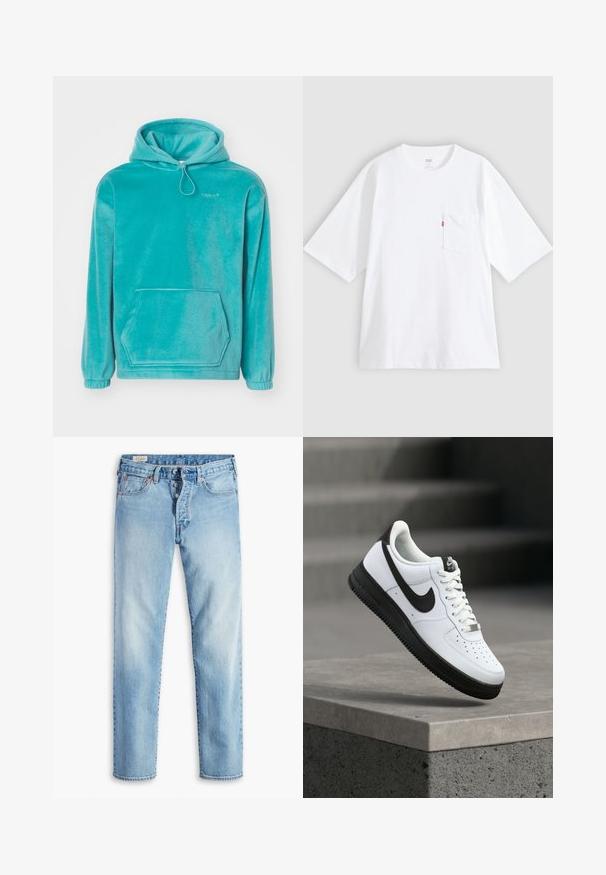 Turquoise hoodie met een zachte textuur, frontale kangoeroezak en elastische boorden. Voorzien van een trekkoord bij de halslijn.; Wit katoenen T-shirt met korte mouwen, ronde hals en een borstzak aan de linkerkant. Heeft een klein rood logotagje op de zak.; Lichtblauwe denim jeans met een rechte pijp, voorzien van vijf zakken, riemlussen en een knoopsluiting.; Witte leren sneaker met zwarte accenten, afgeronde neus en geperforeerde details. Zwarte rubberen zool met een gestructureerd patroon en vetersluiting.