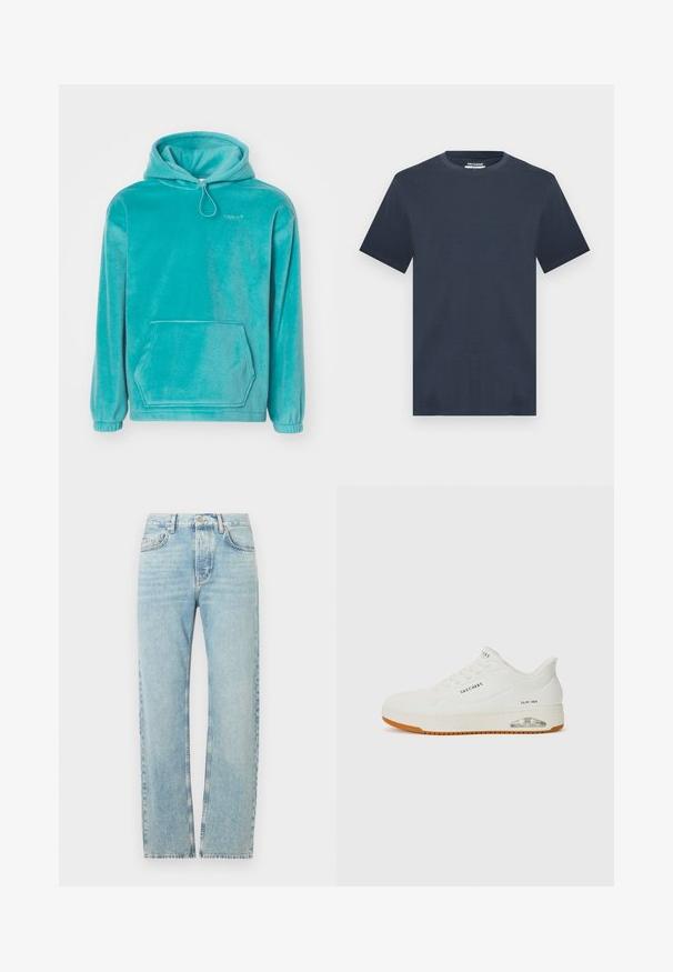 Turkis hætte sweatshirt med en blød tekstur, frontlomme til hænderne og elastiske manchetter. Har en snor i halsen.; Marineblå T-shirt med korte ærmer og rund hals i afslappet pasform, vist mod en lysegrå baggrund.; Lyseblå denimjeans med lige ben, der har en klassisk båndkant, fem lommer og subtile falmede detaljer hen over stoffet.; Hvid sneaker med en struktureret overdel, perforerede accenter og et let design. Har en sål af gummirubber og luftdækning i hælen.