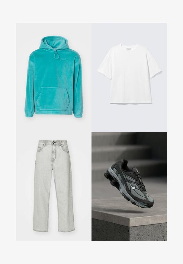 Sudadera con capucha turquesa de textura suave, con un bolsillo tipo canguro en la parte frontal y puños elásticos. Presenta un cordón en el escote.; Camiseta blanca de gran tamaño con mangas cortas, cuello redondo y hombros caídos, plana sobre fondo gris claro.; Jeans de tiro alto en gris claro con un ajuste relajado, cinco bolsillos, cierre frontal con botón y un sutil patrón texturizado en la tela de mezclilla.; Zapatilla deportiva gris y negra con paneles de malla y suela gruesa, posicionada en el aire sobre un saliente de hormigón con escaleras de fondo.