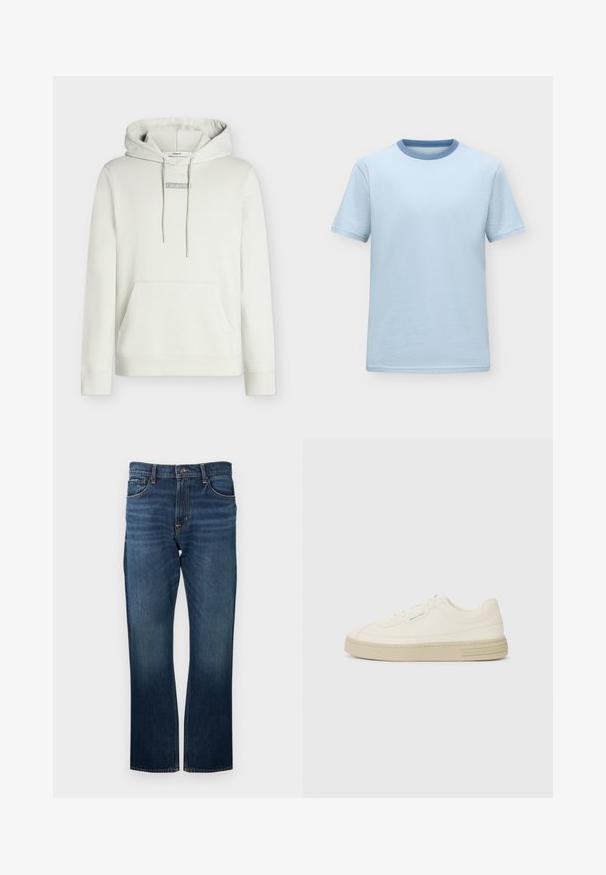 Sweat à capuche gris clair avec cordons, poche kangourou et petit logo "Calvin Klein" centré sur la poitrine. Coupe classique.; T-shirt bleu clair à manches courtes avec un col rond bleu légèrement plus foncé, présenté sur un fond neutre uni.; Jean en denim bleu foncé avec une coupe droite, présentant des coutures visibles et une ceinture standard avec une fermeture à bouton en métal.; Baskets en toile blanches avec une semelle en caoutchouc texturée, présentant un capuchon de chaussure cousu et un accent de logo sur le talon. Design simple à lacets.