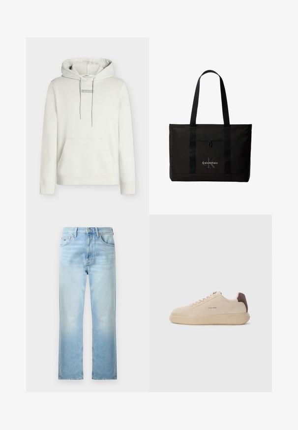 Sweat à capuche gris clair avec cordons, poche kangourou et petit logo "Calvin Klein" centré sur la poitrine. Coupe classique.; Jean bleu clair à jambes droites avec poches avant, passants de ceinture et fermeture par bouton sur fond blanc uni.; Baskets en daim beige avec un bout rond, lacets à l'avant et un accent en daim marron sur le talon. Dotées d'une semelle en caoutchouc texturé.; Sac cabas noir Calvin Klein avec deux longues poignées et une poche avant, avec le logo de la marque en blanc et gris.