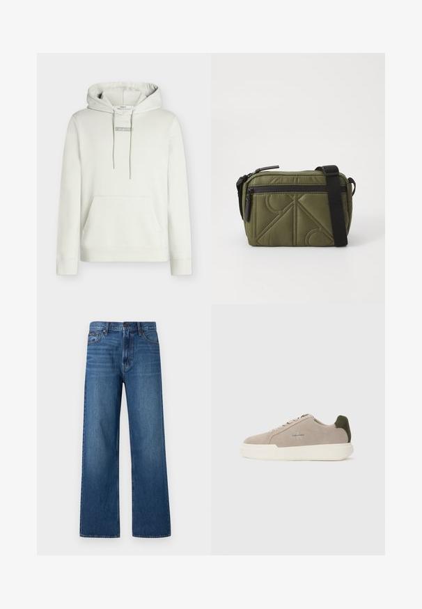 Sweat à capuche gris clair avec cordons, poche kangourou et petit logo "Calvin Klein" centré sur la poitrine. Coupe classique.; Jean bleu à taille haute et coupe droite, avec bouton et fermeture éclair à l'avant, cinq poches, et un petit patch de marque sur la poche droite.; Baskets en suède beige avec une semelle en caoutchouc blanche, présentant un accent de talon vert foncé et une branding subtile sur le côté.; Sac en tissu matelassé vert olive avec une sangle noire, doté d'une fermeture zippée sur le dessus et d'une poche zippée extérieure ornée d'accents de motifs géométriques.