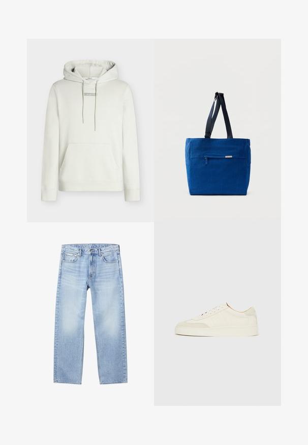 Sweat à capuche gris clair avec cordons, poche kangourou et petit logo "Calvin Klein" centré sur la poitrine. Coupe classique.; Jean droit en denim bleu clair avec poches avant, passants pour ceinture, fermeture par boutons et une petite étiquette Calvin Klein sur la poche avant droite.; Baskets en daim blanc à finition lisse, embout rond, design lacé plat, avec des accents texturés contrastants. Comprend un détail de logo subtil.; Sac fourre-tout en toile bleue avec une poche zippée à l'avant, des doubles bretelles et une forme rectangulaire. Dispose d'une étiquette de marque discrète.