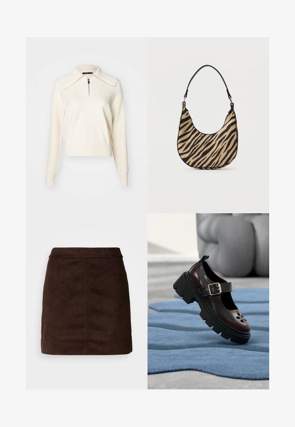 Pull en maille couleur crème avec un col montant zippé, texture côtelée, manches longues et une coupe raccourcie décontractée. Les accents incluent des détails de couture.; Jupe mini en suede marron avec une texture lisse, taille ajustée et détails de coutures verticales. Design minimaliste sans embellissements supplémentaires.; Chaussure Mary Jane noire à semelle épaisse, avec une bride à boucle argentée et des découpes florales, présentée sur une surface bleue texturée en intérieur.; Sac à épaule en imprimé zèbre beige et noir avec un fond en courbe et une seule poignée noire, photographié sur un fond blanc uni.
