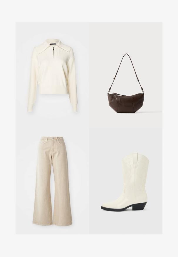 Cremefarvet strikpullover med lynlås i kraven, ribbet tekstur, lange ærmer og en afslappet cropped pasform. Udtryk inkluderer sømdetaljer.; Beige brede benjeans lavet af denim, med høj talje, forlommer og et enkelt design uden mønstre eller detaljer.; Hvid western-støvle til midt på læggen med spids tå, sort stablet hæl, dekorative sømme og trækflap på skaftet.; Brun læder skuldertaske med buet bund og justerbar rem mod en ensfarvet lys baggrund.