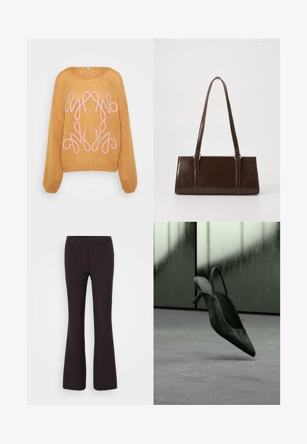 Pull en tricot orange à coupe décontractée, doté d'un design abstrait en broderie rose sur le devant et de manches longues.; Gina Tricot Tall RELAXED TROUSERS - Pantalon classique - brown; Escarpin à talon haut en cuir noir avec bride arrière et bout pointu, flottant au-dessus d'un sol recouvert de moquette grise, mur verdâtre flou en arrière-plan.; Sac à main en cuir verni marron de forme rectangulaire, avec deux longues poignées et des accents courbés subtils à l'avant.