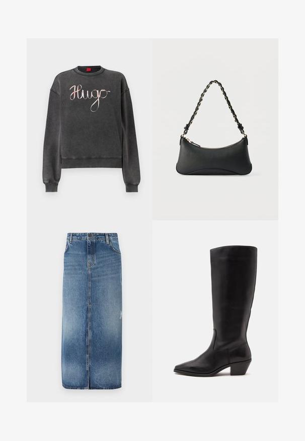 Donkergrijze sweatshirts met geribbelde manchetten en zoom. Voorzien van een groot, cursief "Hugo"-logo in een contrasterende lichte kleur. Zachte textuur.; Denim midi-rok met een licht naar donkerblauwe gradient, sluiting aan de voorkant en subtiele versleten details bij de zoom. Rauwe rand aan de onderkant.; Zwarte leren laars tot half op de kuit met een puntige neus en een lage schuine hak op een effen lichte achtergrond.; Zwarte lederen schoudertas met een gebogen rechthoekige vorm, gouden ketting verweven in een gevlochten zwarte band, en een ritssluiting bovenop.